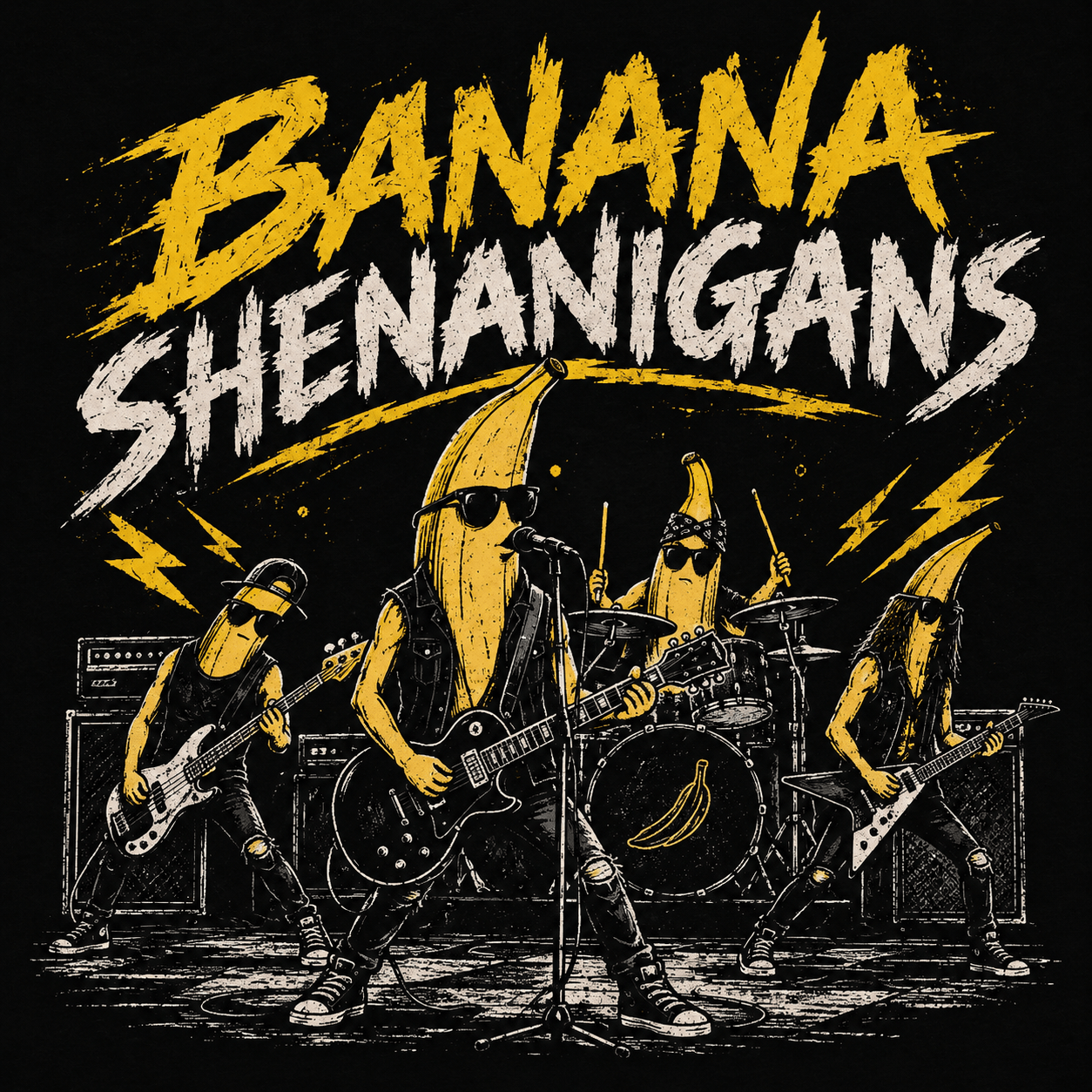 Banana Shenanigans: four banana rockers in leather and sunglasses playing guitars and drums