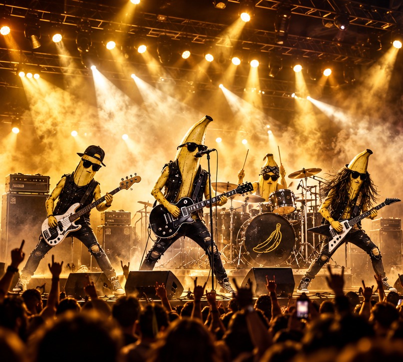 Banana rock band playing beneath golden stage lights