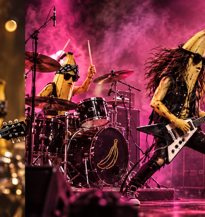 Banana drummer and guitarist in stage smoke