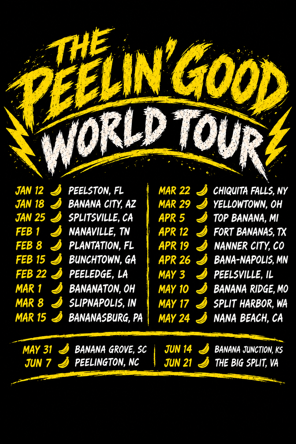Peelin’ Good World Tour shirt back artwork listing tour stops